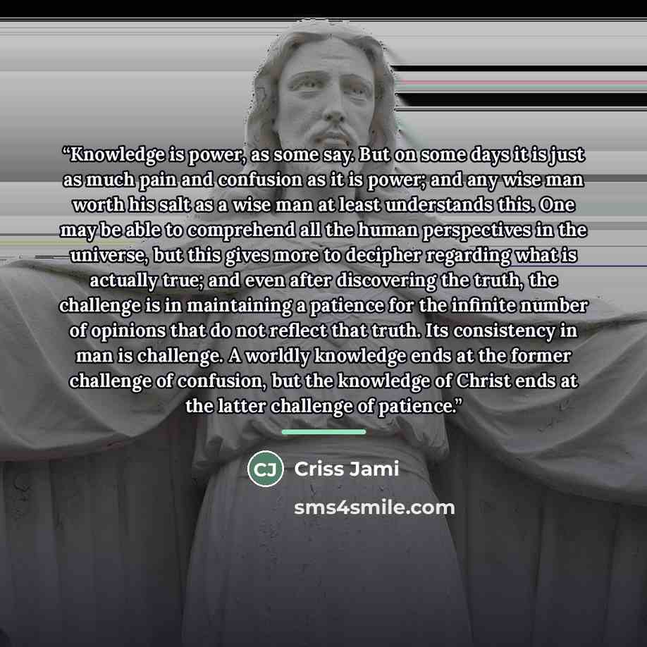 “Knowledge is power, as some say. But on some days it is just as much pain and confusion as it is power; and any wise man worth his salt as a wise man at least understands this. One may be able to comprehend all the human perspectives in the universe, but this gives more to decipher regarding what…” quote by Criss Jami