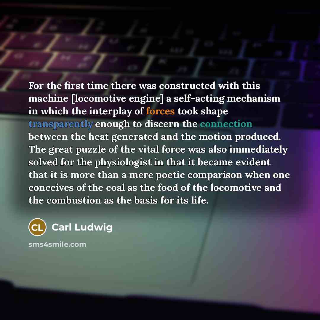 “For the first time there was constructed with this machine [locomotive engine] a self-acting mechanism in which the interplay of forces took shape transparently enough to discern the connection between the heat generated and the motion produced. The great puzzle of the vital force was also…” quote by Carl Ludwig