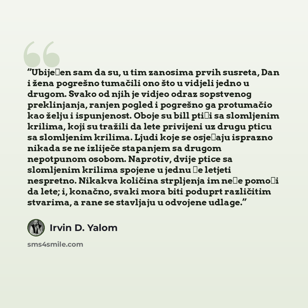 “Ubijeđen sam da su, u tim zanosima prvih susreta, Dan i žena pogrešno tumačili ono što u vidjeli jedno u drugom. Svako od njih je vidjeo odraz sopstvenog preklinjanja, ranjen pogled i pogrešno ga protumačio kao želju i ispunjenost. Oboje su bill ptići sa slomljenim krilima, koji su tražili da lete…” quote by Irvin D. Yalom