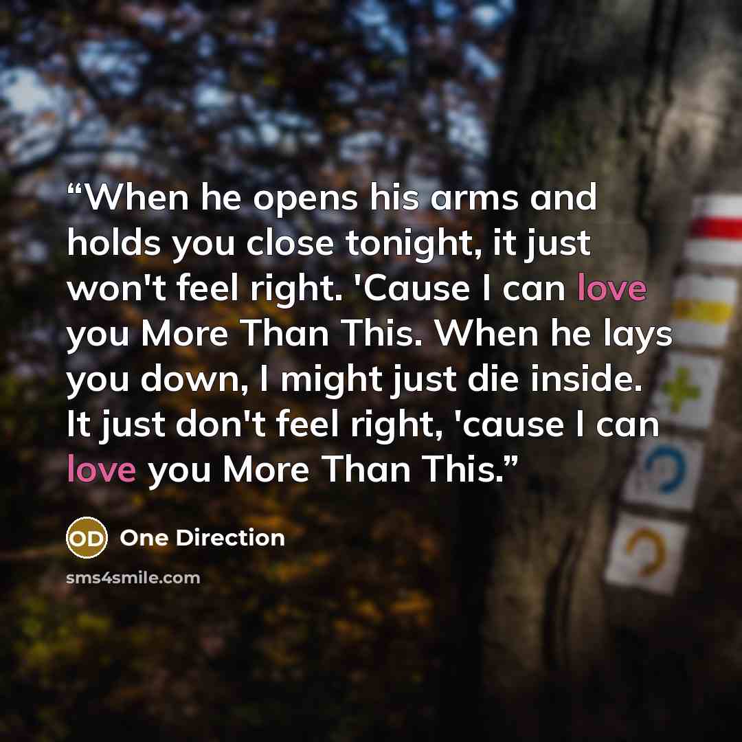 “When he opens his arms and holds you close tonight, it just won't feel right. 'Cause I can love you More Than This. When he lays you down, I might just die inside. It just don't feel right, 'cause I can love you More Than This.” quote by One Direction