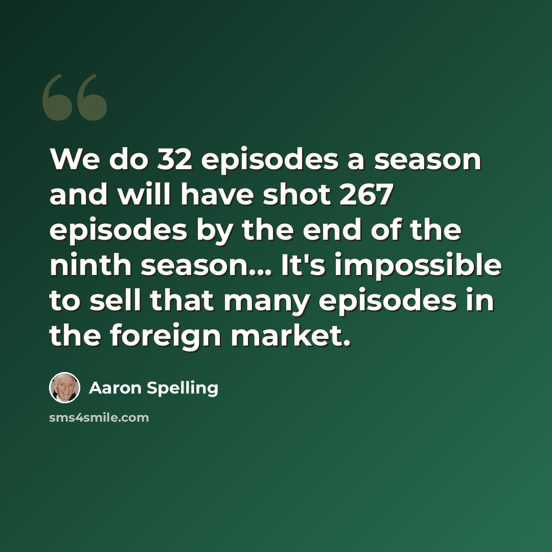 “We do 32 episodes a season and will have shot 267 episodes by the end of the ninth season... It's impossible to sell that many episodes in the foreign market.” quote by Aaron Spelling