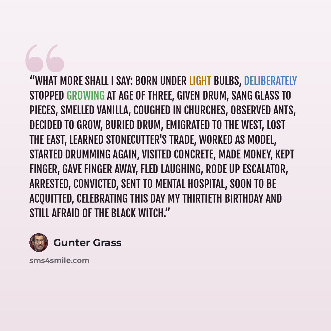 “What more shall I say: born under light bulbs, deliberately stopped growing at age of three, given drum, sang glass to pieces, smelled vanilla, coughed in churches, observed ants, decided to grow, buried drum, emigrated to the West, lost the East, learned stonecutter's trade, worked as model…” quote by Gunter Grass