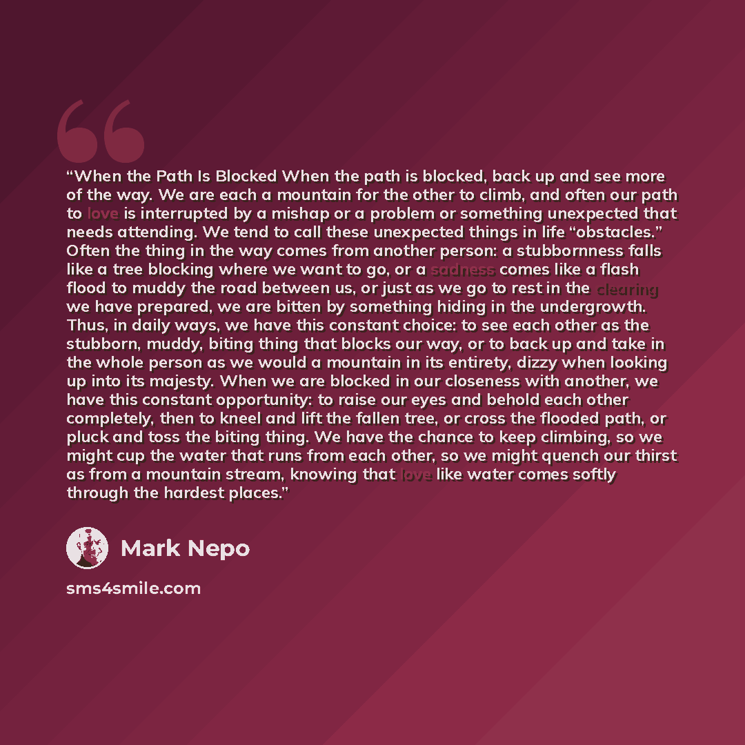 “When the Path Is Blocked When the path is blocked, back up and see more of the way. We are each a mountain for the other to climb, and often our path to love is interrupted by a mishap or a problem or something unexpected that needs attending. We tend to call these unexpected things in life…” quote by Mark Nepo