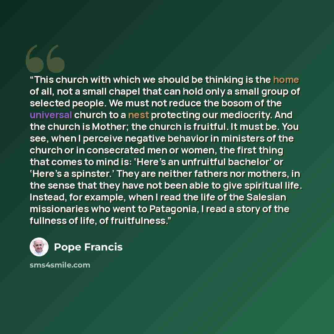 “This church with which we should be thinking is the home of all, not a small chapel that can hold only a small group of selected people. We must not reduce the bosom of the universal church to a nest protecting our mediocrity. And the church is Mother; the church is fruitful. It must be. You see…” quote by Pope Francis