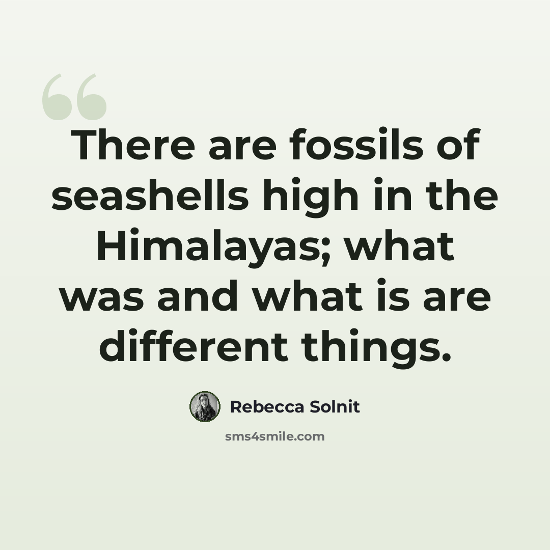 “There are fossils of seashells high in the Himalayas; what was and what is are different things.” quote by Rebecca Solnit