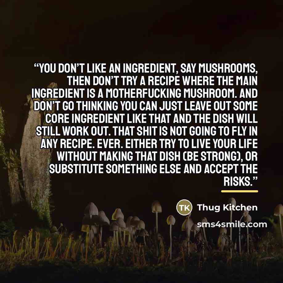 “you don’t like an ingredient, say mushrooms, then don’t try a recipe where the main ingredient is a motherfucking mushroom. And don’t go thinking you can just leave out some core ingredient like that and the dish will still work out. That shit is not going to fly in any recipe. EVER. Either try to…” quote by Thug Kitchen