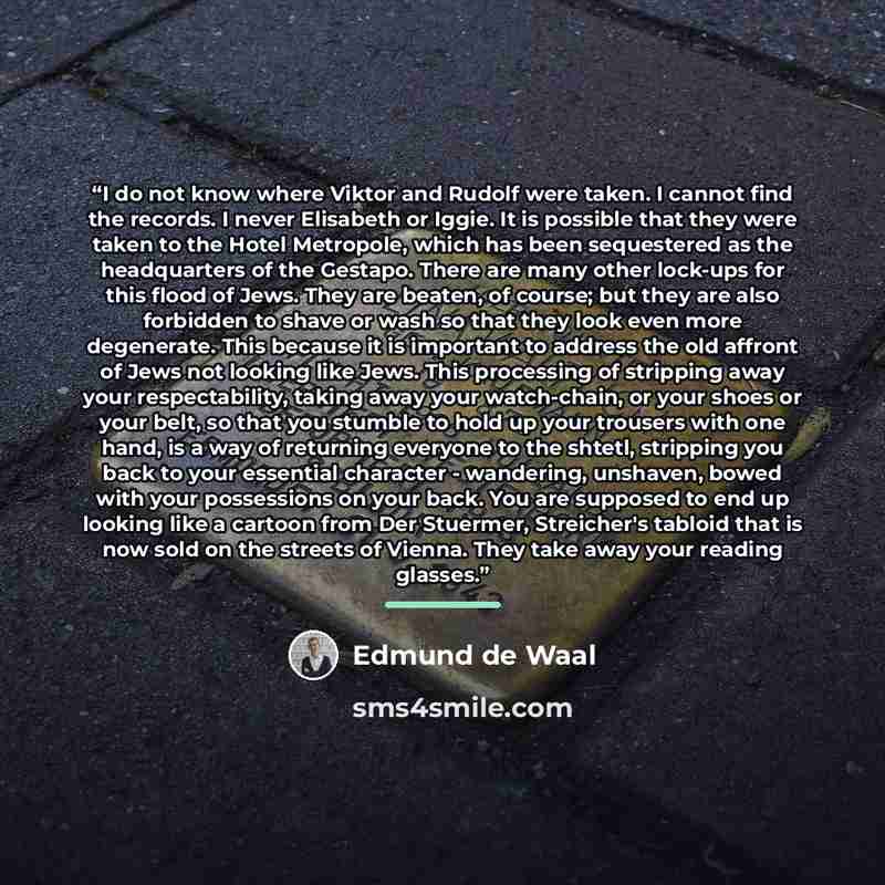 “I do not know where Viktor and Rudolf were taken. I cannot find the records. I never Elisabeth or Iggie. It is possible that they were taken to the Hotel Metropole, which has been sequestered as the headquarters of the Gestapo. There are many other lock-ups for this flood of Jews. They are beaten…” quote by Edmund de Waal