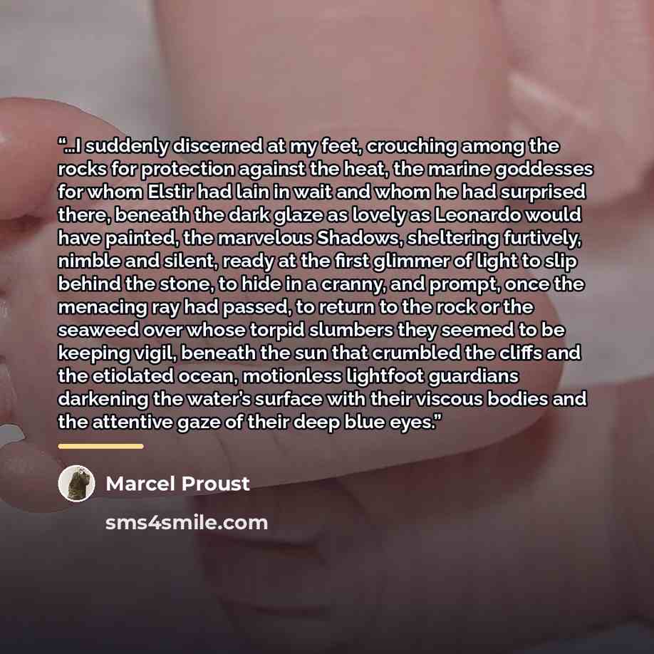 “…I suddenly discerned at my feet, crouching among the rocks for protection against the heat, the marine goddesses for whom Elstir had lain in wait and whom he had surprised there, beneath the dark glaze as lovely as Leonardo would have painted, the marvelous Shadows, sheltering furtively, nimble…” quote by Marcel Proust