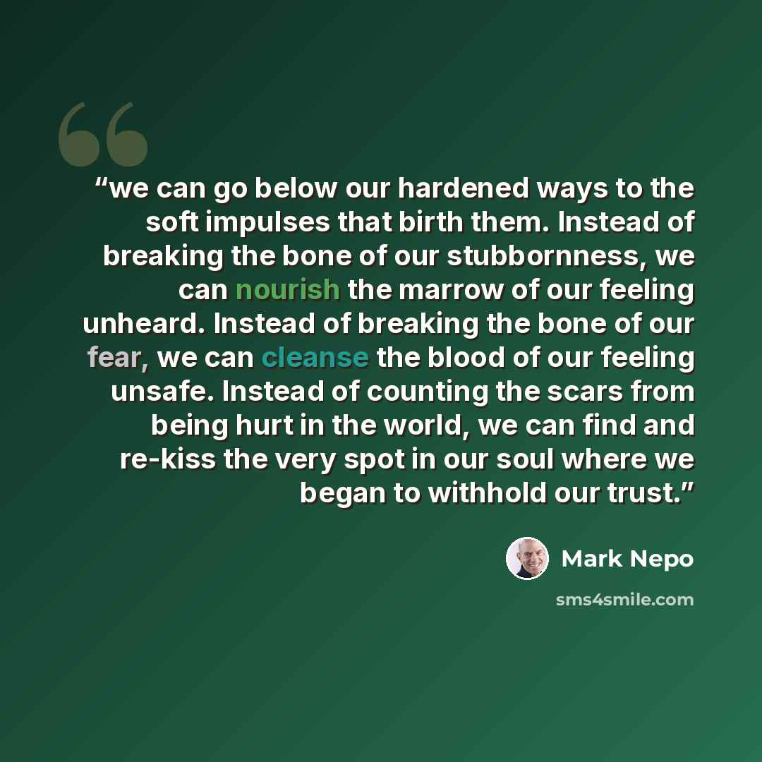 “we can go below our hardened ways to the soft impulses that birth them. Instead of breaking the bone of our stubbornness, we can nourish the marrow of our feeling unheard. Instead of breaking the bone of our fear, we can cleanse the blood of our feeling unsafe. Instead of counting the scars from…” quote by Mark Nepo