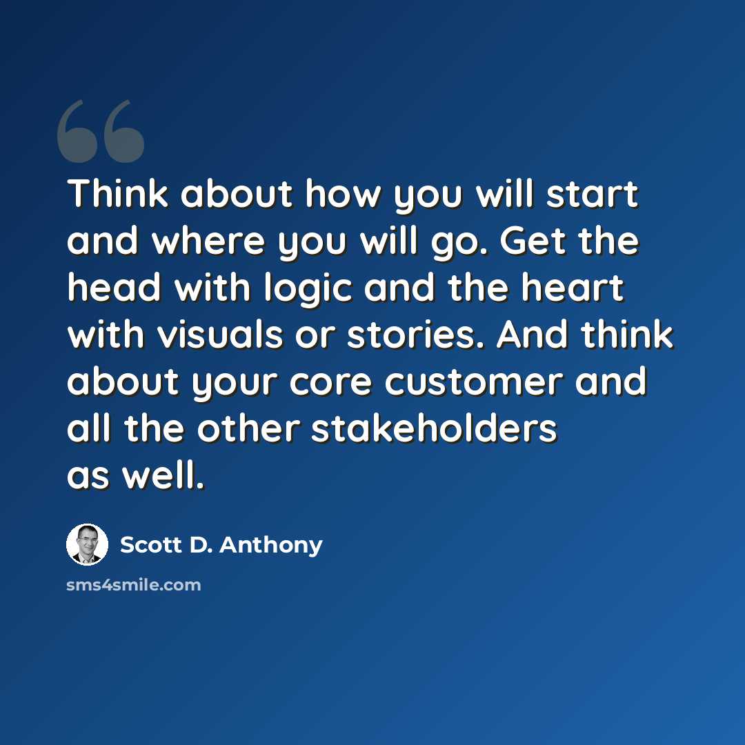 “Think about how you will start and where you will go. Get the head with logic and the heart with visuals or stories. And think about your core customer and all the other stakeholders as well.” quote by Scott D. Anthony
