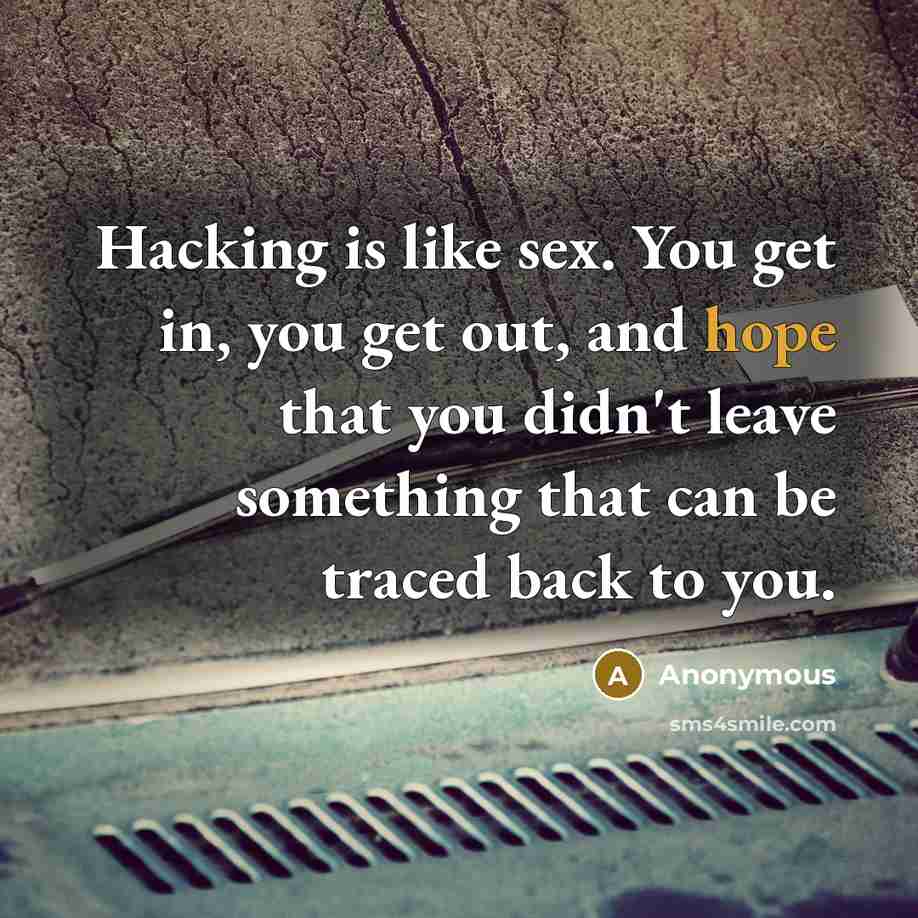 “Hacking is like sex. You get in, you get out, and hope that you didn't leave something that can be traced back to you.” quote by Anonymous