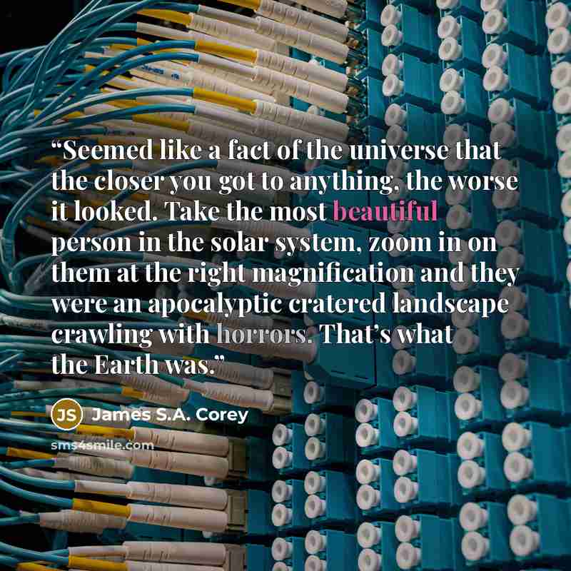 “Seemed like a fact of the universe that the closer you got to anything, the worse it looked. Take the most beautiful person in the solar system, zoom in on them at the right magnification and they were an apocalyptic cratered landscape crawling with horrors. That’s what the Earth was.” quote by James S.A. Corey