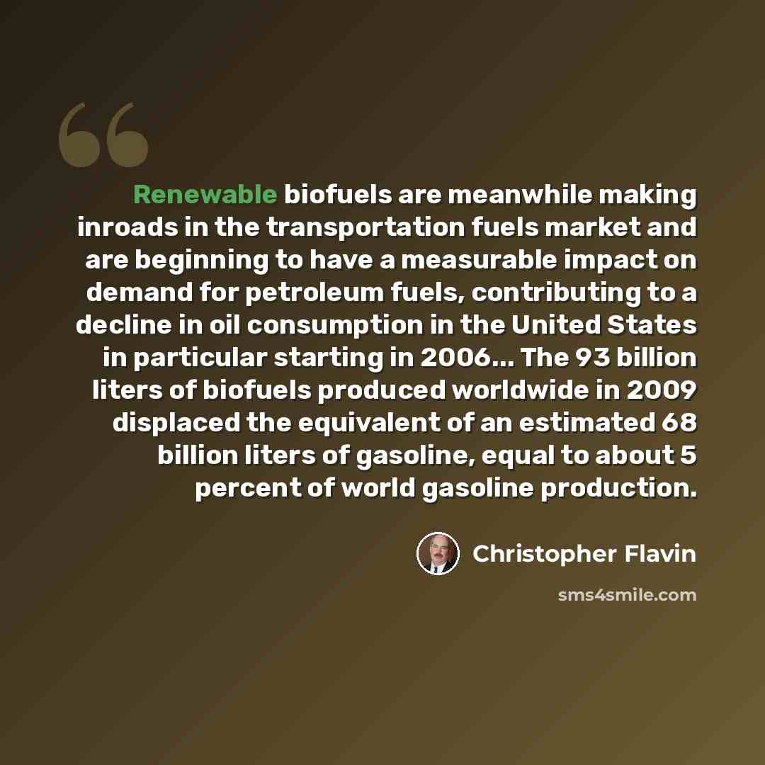 “Renewable biofuels are meanwhile making inroads in the transportation fuels market and are beginning to have a measurable impact on demand for petroleum fuels, contributing to a decline in oil consumption in the United States in particular starting in 2006... The 93 billion liters of biofuels…” quote by Christopher Flavin