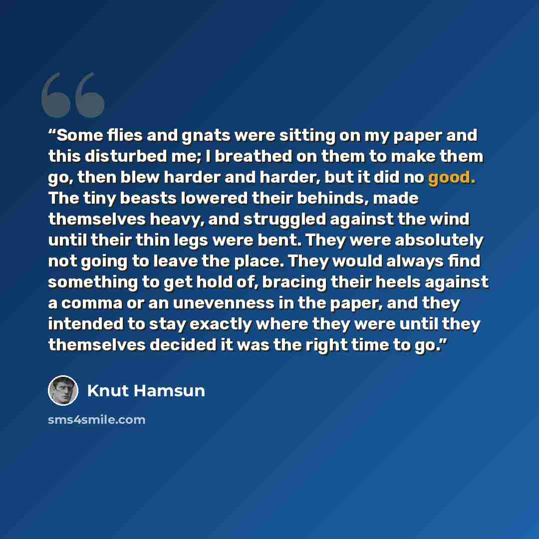 “Some flies and gnats were sitting on my paper and this disturbed me; I breathed on them to make them go, then blew harder and harder, but it did no good. The tiny beasts lowered their behinds, made themselves heavy, and struggled against the wind until their thin legs were bent. They were…” quote by Knut Hamsun