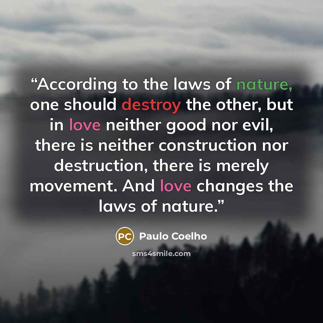 “According to the laws of nature, one should destroy the other, but in love neither good nor evil, there is neither construction nor destruction, there is merely movement. And love changes the laws of nature.” quote by Paulo Coelho