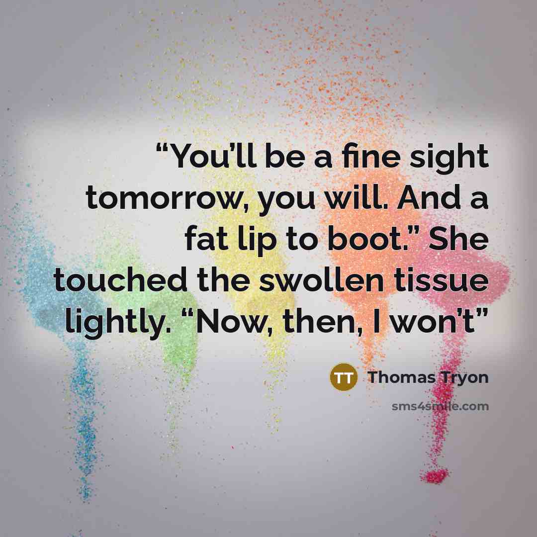 “You’ll be a fine sight tomorrow, you will. And a fat lip to boot.” She touched the swollen tissue lightly. “Now, then, I won’t” quote by Thomas Tryon