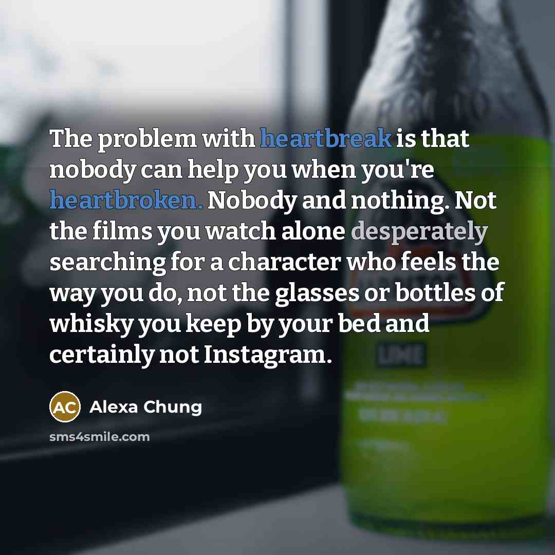 “The problem with heartbreak is that nobody can help you when you're heartbroken. Nobody and nothing. Not the films you watch alone desperately searching for a character who feels the way you do, not the glasses or bottles of whisky you keep by your bed and certainly not Instagram.” quote by Alexa Chung