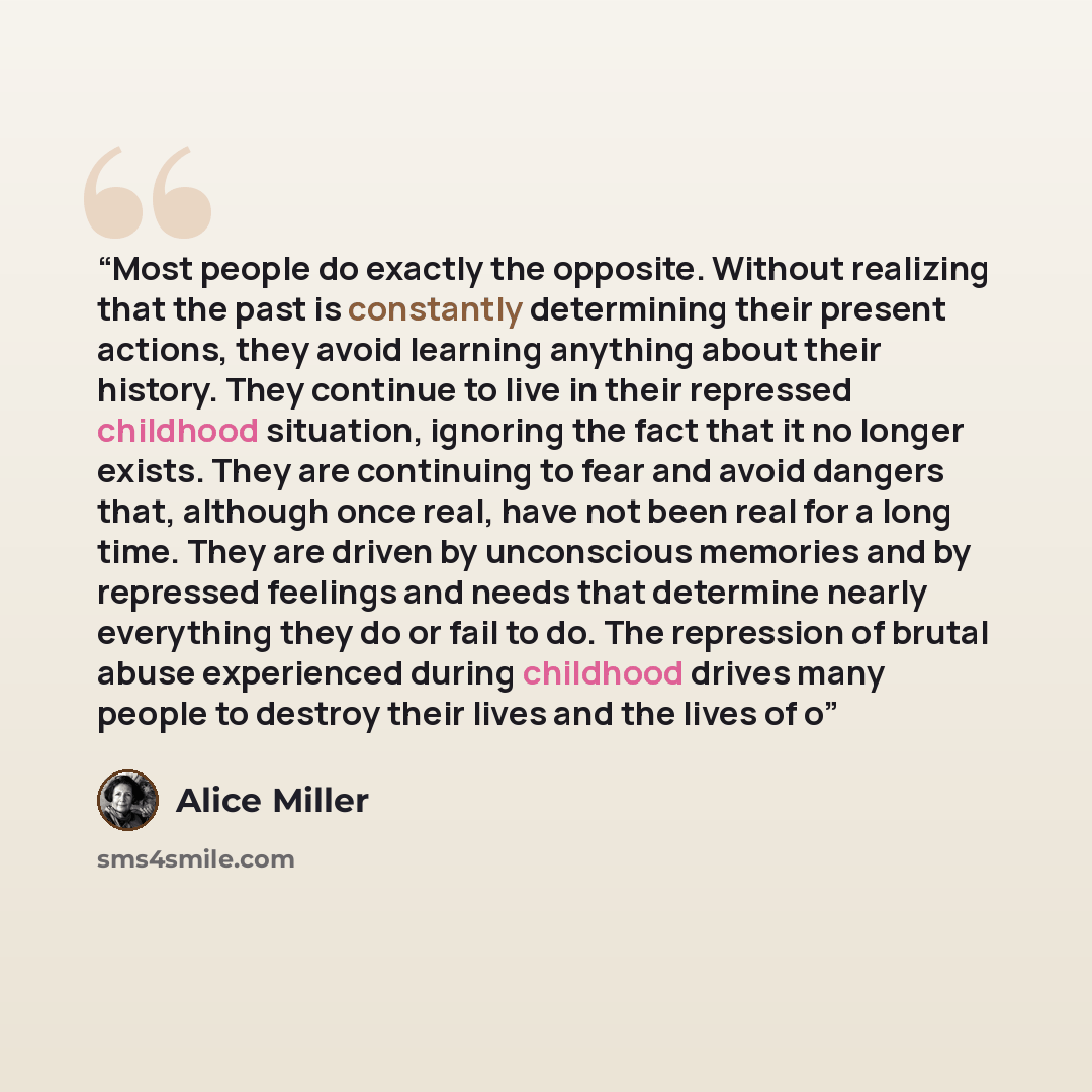“Most people do exactly the opposite. Without realizing that the past is constantly determining their present actions, they avoid learning anything about their history. They continue to live in their repressed childhood situation, ignoring the fact that it no longer exists. They are continuing to…” quote by Alice Miller