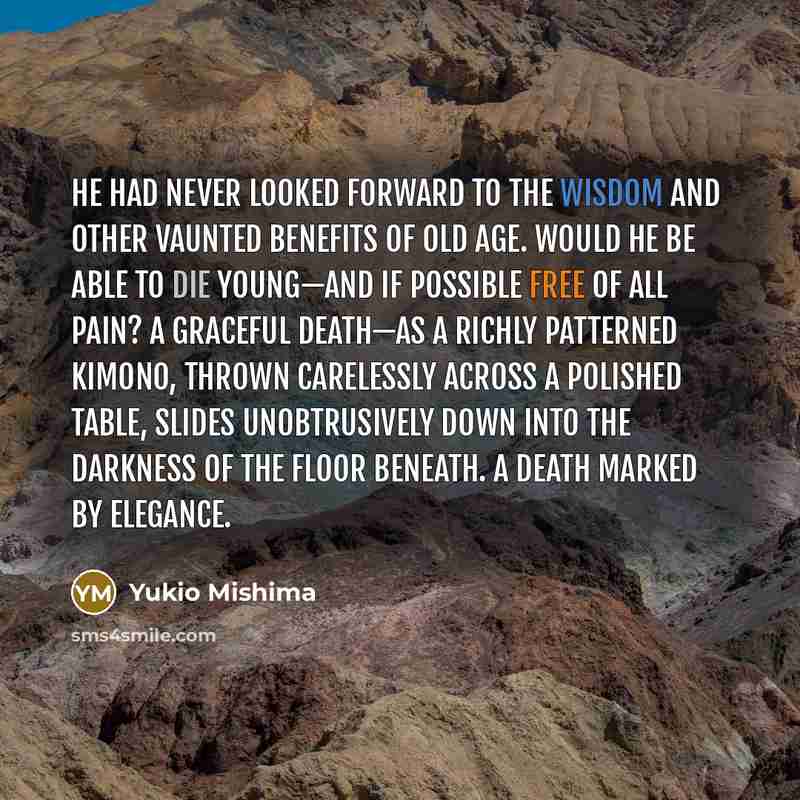 “He had never looked forward to the wisdom and other vaunted benefits of old age. Would he be able to die young—and if possible free of all pain? A graceful death—as a richly patterned kimono, thrown carelessly across a polished table, slides unobtrusively down into the darkness of the floor…” quote by Yukio Mishima