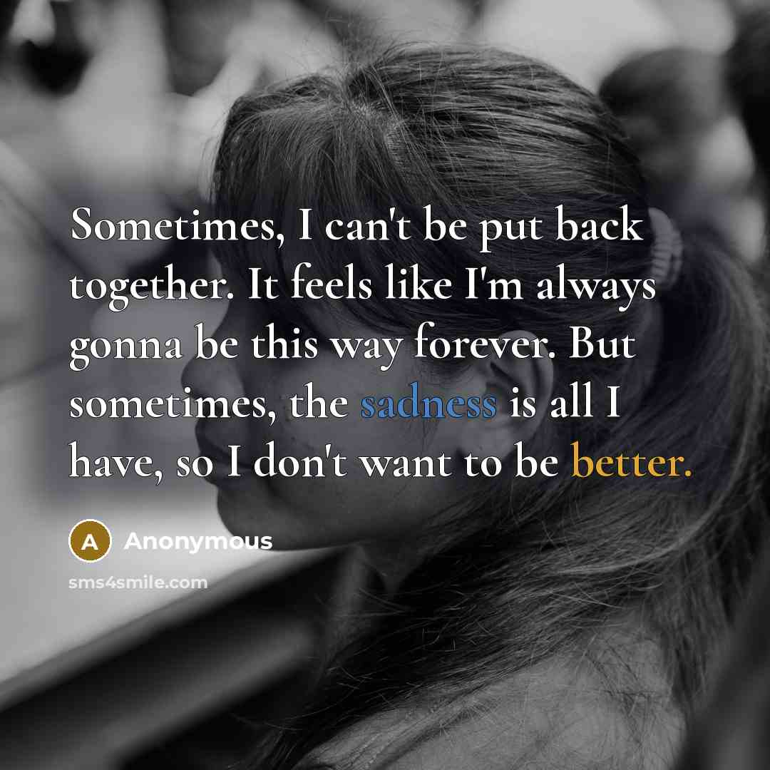 “Sometimes, I can't be put back together. It feels like I'm always gonna be this way forever. But sometimes, the sadness is all I have, so I don't want to be better.” quote by Anonymous