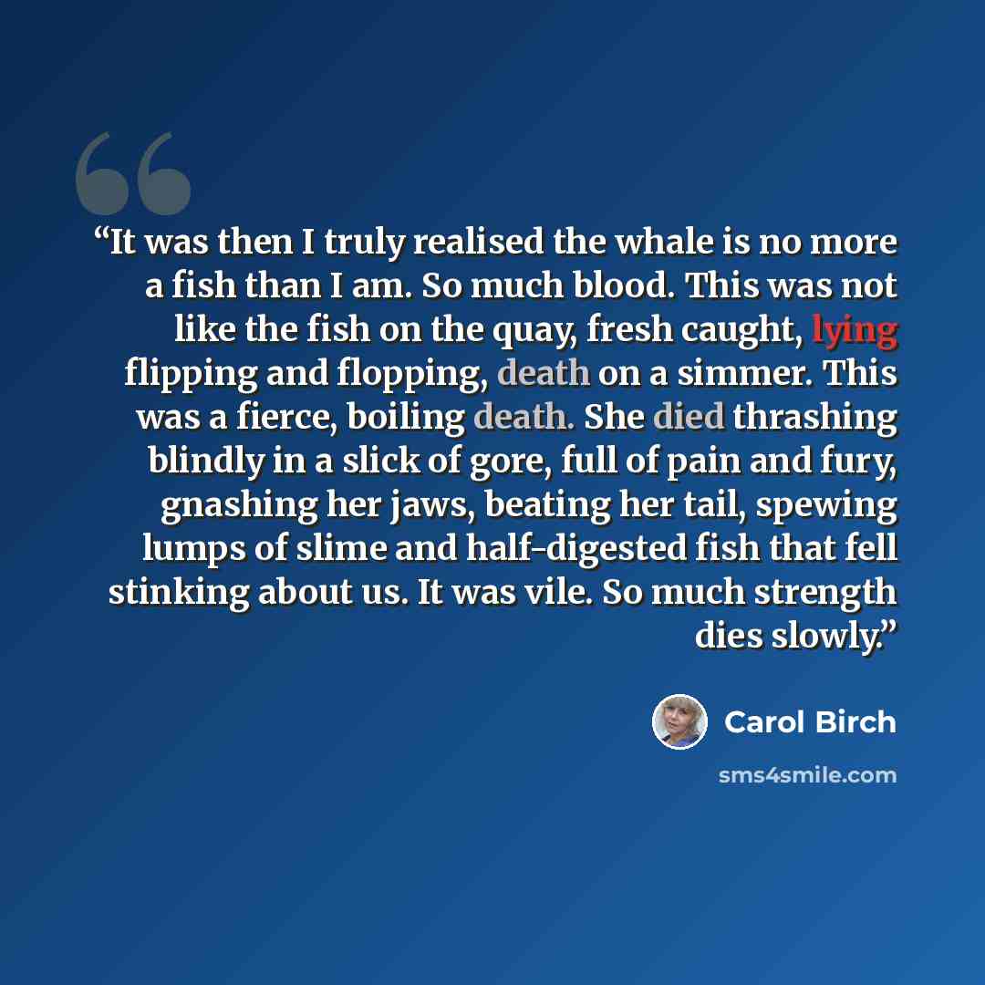 “It was then I truly realised the whale is no more a fish than I am. So much blood. This was not like the fish on the quay, fresh caught, lying flipping and flopping, death on a simmer. This was a fierce, boiling death. She died thrashing blindly in a slick of gore, full of pain and fury, gnashing…” quote by Carol Birch