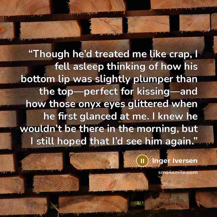 “Though he’d treated me like crap, I fell asleep thinking of how his bottom lip was slightly plumper than the top—perfect for kissing—and how those onyx eyes glittered when he first glanced at me. I knew he wouldn’t be there in the morning, but I still hoped that I’d see him again.” quote by Inger Iversen