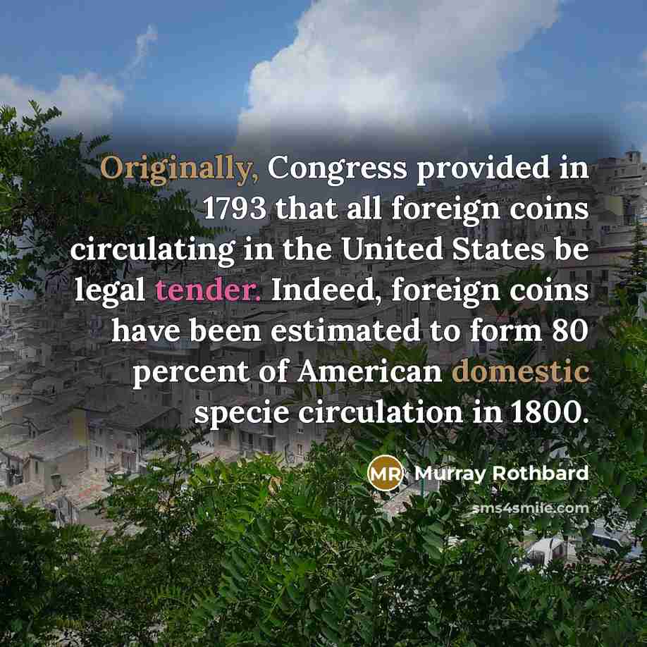 “Originally, Congress provided in 1793 that all foreign coins circulating in the United States be legal tender. Indeed, foreign coins have been estimated to form 80 percent of American domestic specie circulation in 1800.” quote by Murray Rothbard