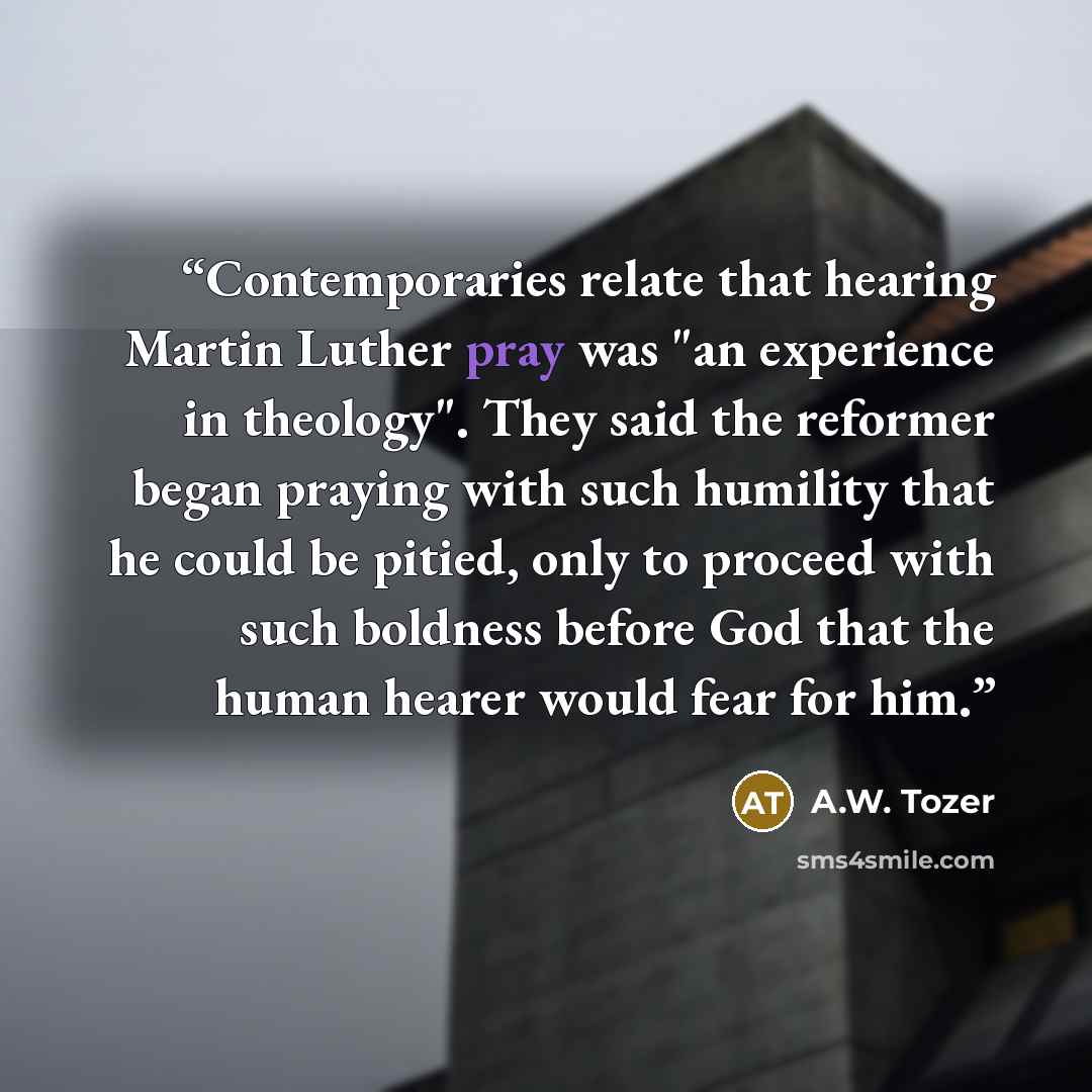 “Contemporaries relate that hearing Martin Luther pray was "an experience in theology". They said the reformer began praying with such humility that he could be pitied, only to proceed with such boldness before God that the human hearer would fear for him.” quote by A.W. Tozer