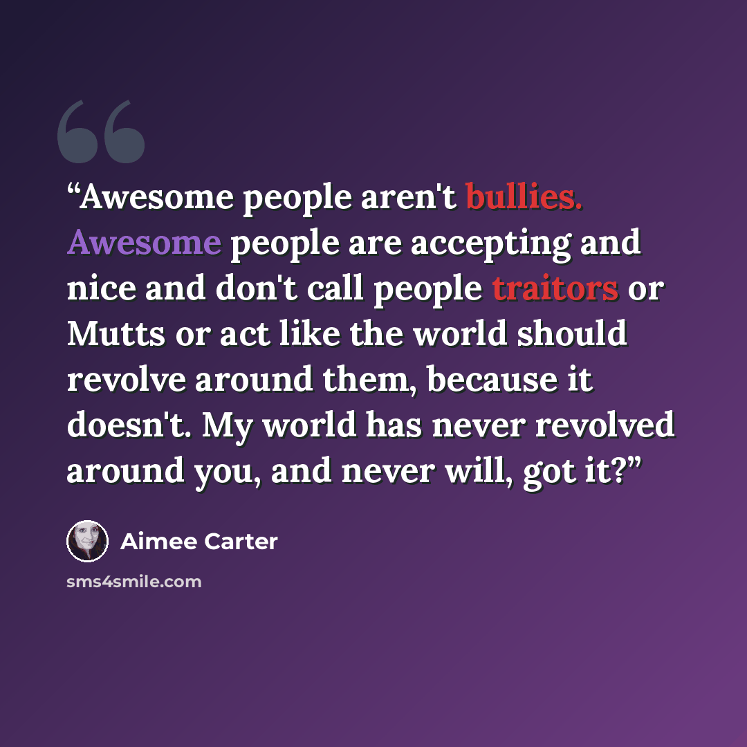 “Awesome people aren't bullies. Awesome people are accepting and nice and don't call people traitors or Mutts or act like the world should revolve around them, because it doesn't. My world has never revolved around you, and never will, got it?” quote by Aimee Carter
