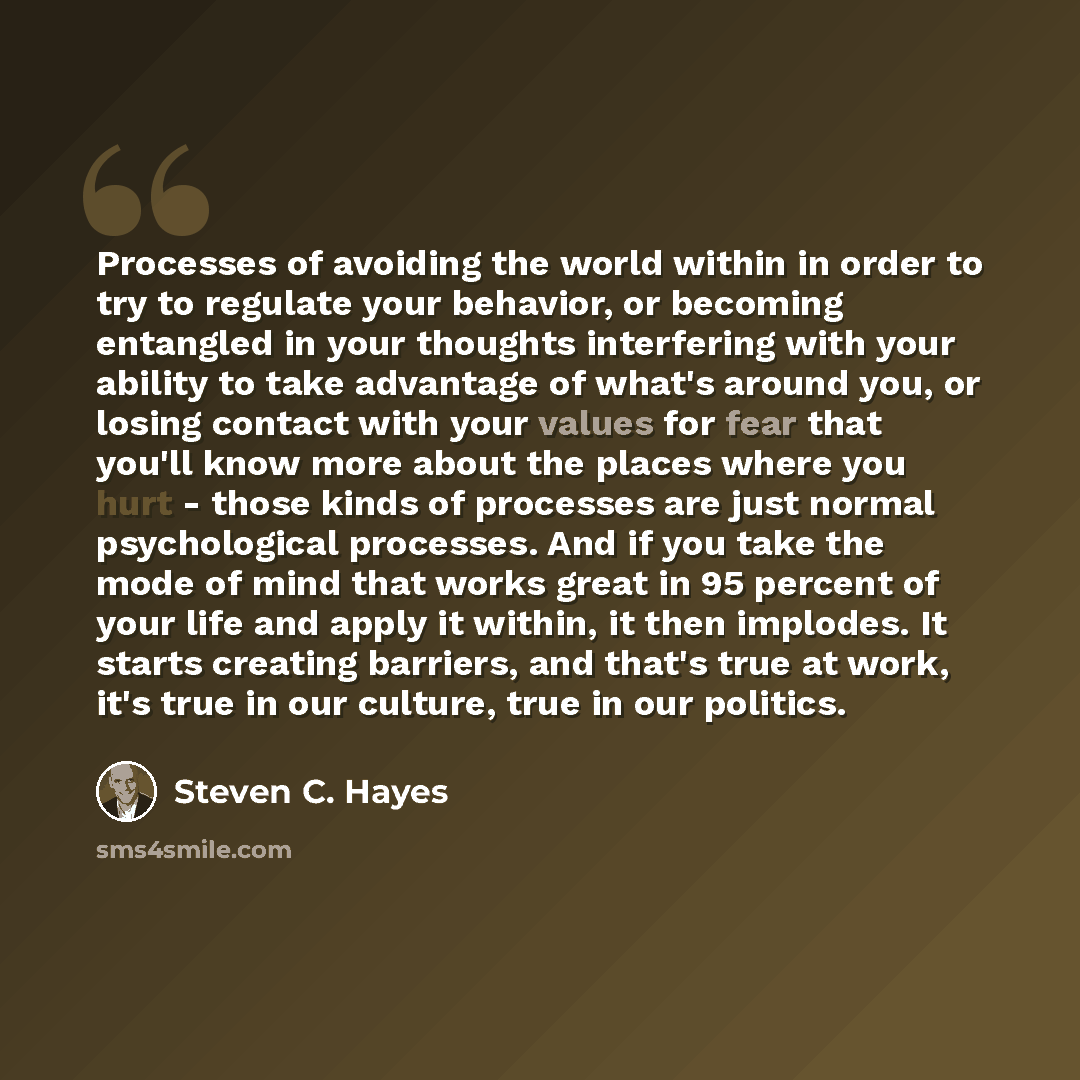 “Processes of avoiding the world within in order to try to regulate your behavior, or becoming entangled in your thoughts interfering with your ability to take advantage of what's around you, or losing contact with your values for fear that you'll know more about the places where you hurt - those…” quote by Steven C. Hayes