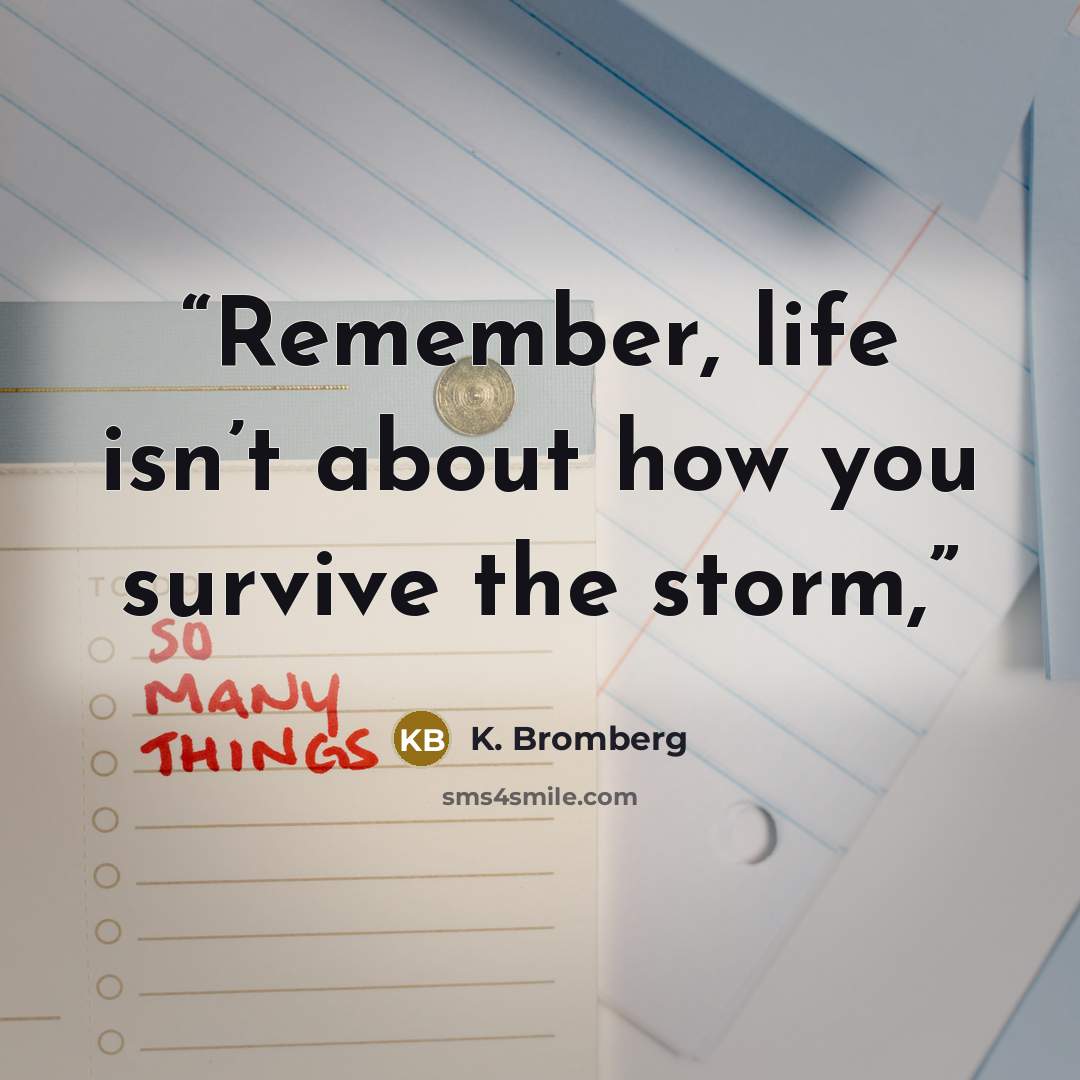 “Remember, life isn’t about how you survive the storm,” quote by K. Bromberg