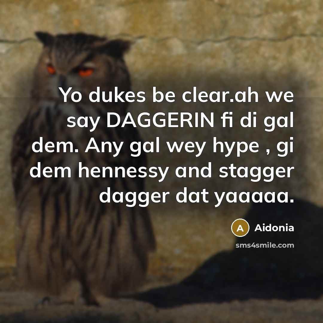 “Yo dukes be clear.ah we say DAGGERIN fi di gal dem. Any gal wey hype , gi dem hennessy and stagger dagger dat yaaaaa.” quote by Aidonia