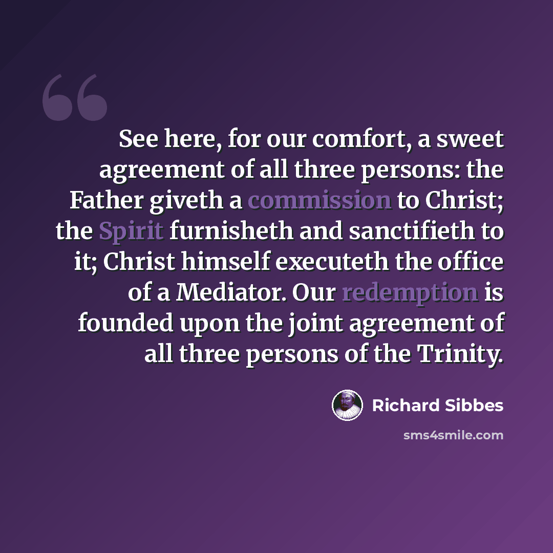 “See here, for our comfort, a sweet agreement of all three persons: the Father giveth a commission to Christ; the Spirit furnisheth and sanctifieth to it; Christ himself executeth the office of a Mediator. Our redemption is founded upon the joint agreement of all three persons of the Trinity.” quote by Richard Sibbes