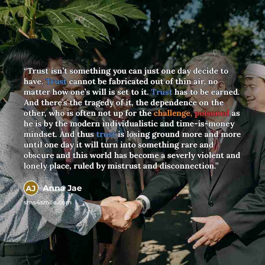 “Trust isn’t something you can just one day decide to have. Trust cannot be fabricated out of thin air, no matter how one’s will is set to it. Trust has to be earned. And there’s the tragedy of it, the dependence on the other, who is often not up for the challenge, poisoned as he is by the modern…” quote by Anna Jae