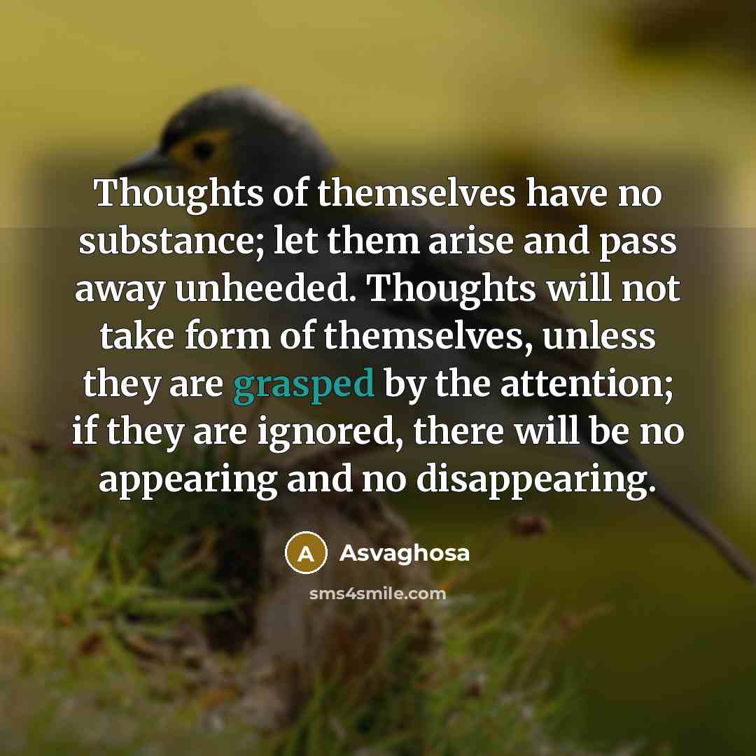 “Thoughts of themselves have no substance; let them arise and pass away unheeded. Thoughts will not take form of themselves, unless they are grasped by the attention; if they are ignored, there will be no appearing and no disappearing.” quote by Asvaghosa