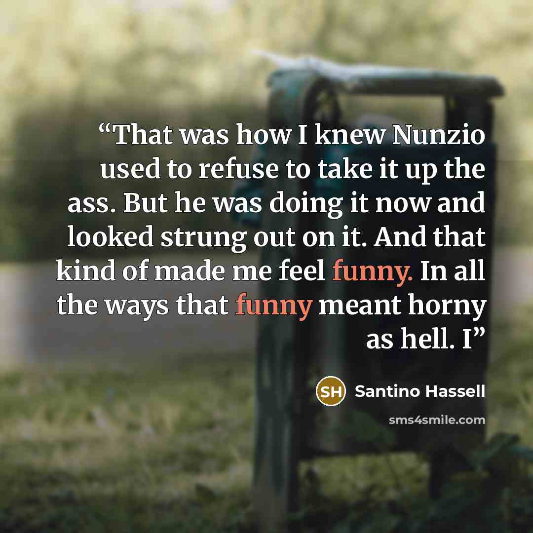 “That was how I knew Nunzio used to refuse to take it up the ass. But he was doing it now and looked strung out on it. And that kind of made me feel funny. In all the ways that funny meant horny as hell. I” quote by Santino Hassell