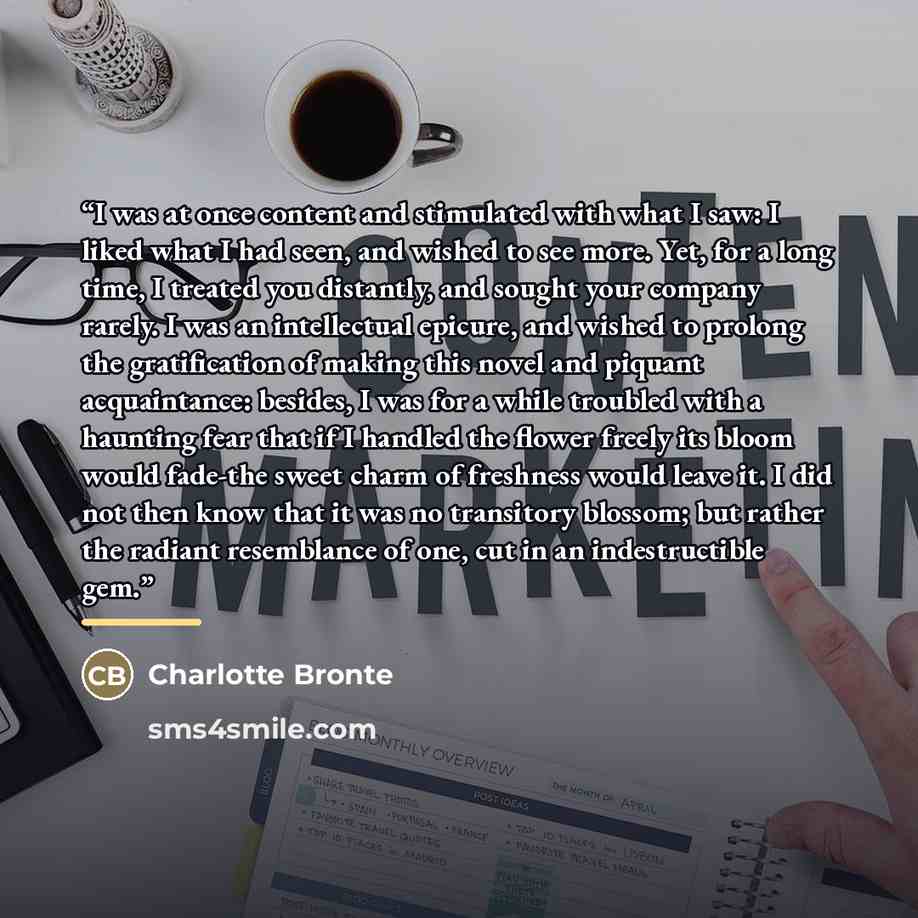 “I was at once content and stimulated with what I saw: I liked what I had seen, and wished to see more. Yet, for a long time, I treated you distantly, and sought your company rarely. I was an intellectual epicure, and wished to prolong the gratification of making this novel and piquant…” quote by Charlotte Brontë