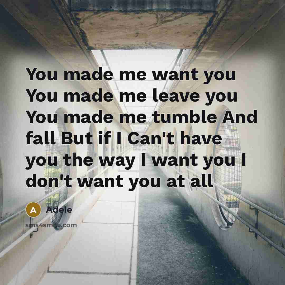 “You made me want you You made me leave you You made me tumble And fall But if I Can't have you the way I want you I don't want you at all” quote by Adele