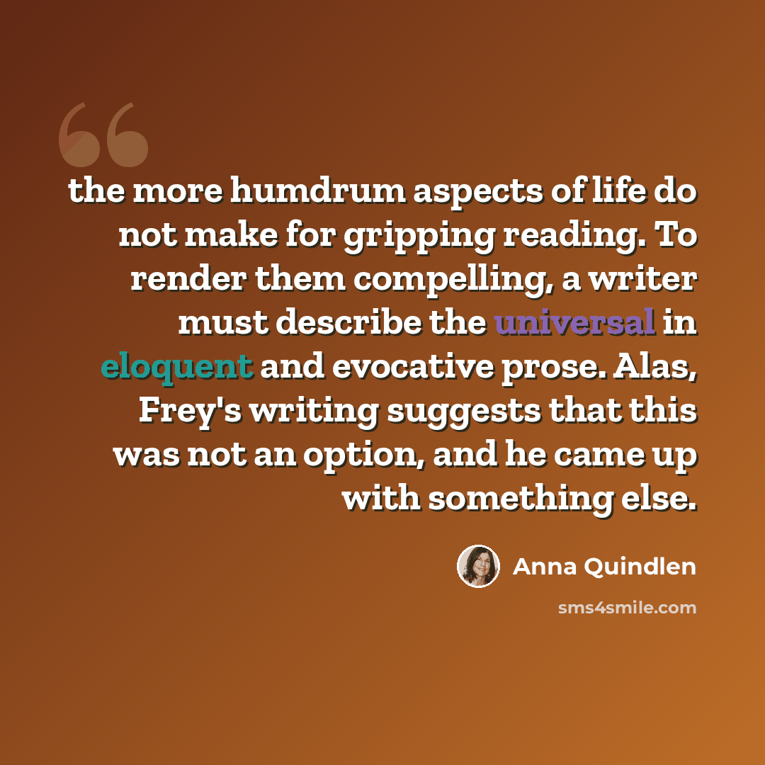 “the more humdrum aspects of life do not make for gripping reading. To render them compelling, a writer must describe the universal in eloquent and evocative prose. Alas, Frey's writing suggests that this was not an option, and he came up with something else.” quote by Anna Quindlen