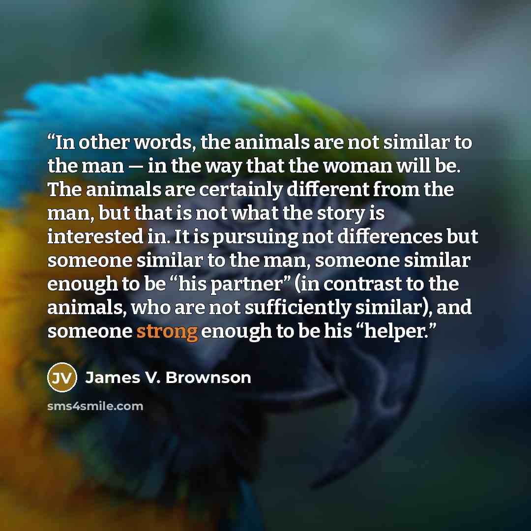 “In other words, the animals are not similar to the man — in the way that the woman will be. The animals are certainly different from the man, but that is not what the story is interested in. It is pursuing not differences but someone similar to the man, someone similar enough to be “his partner”…” quote by James V. Brownson