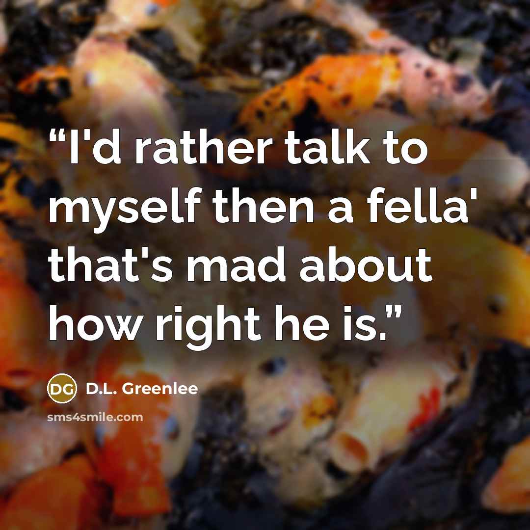 “I'd rather talk to myself then a fella' that's mad about how right he is.” quote by D.L. Greenlee
