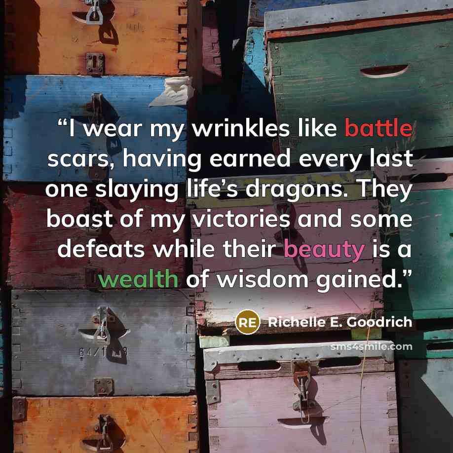 “I wear my wrinkles like battle scars, having earned every last one slaying life’s dragons. They boast of my victories and some defeats while their beauty is a wealth of wisdom gained.” quote by Richelle E. Goodrich