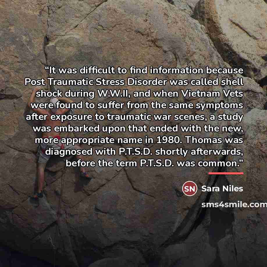 “It was difficult to find information because Post Traumatic Stress Disorder was called shell shock during W.W.II, and when Vietnam Vets were found to suffer from the same symptoms after exposure to traumatic war scenes, a study was embarked upon that ended with the new, more appropriate name in…” quote by Sara Niles