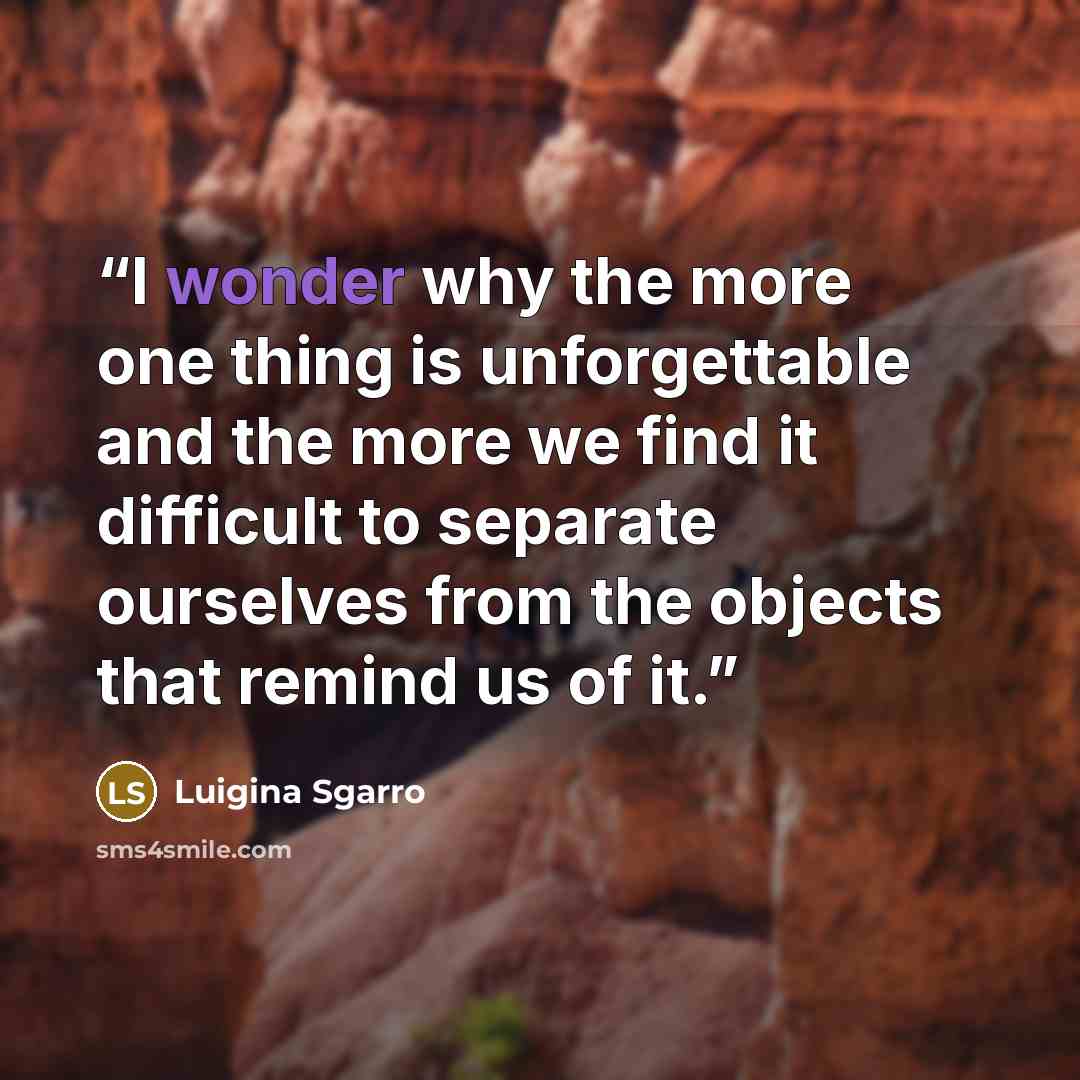 “I wonder why the more one thing is unforgettable and the more we find it difficult to separate ourselves from the objects that remind us of it.” quote by Luigina Sgarro
