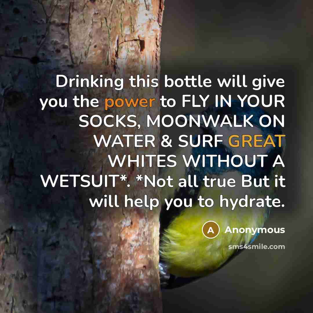 “Drinking this bottle will give you the power to FLY IN YOUR SOCKS, MOONWALK ON WATER & SURF GREAT WHITES WITHOUT A WETSUIT*. *Not all true But it will help you to hydrate.” quote by Anonymous
