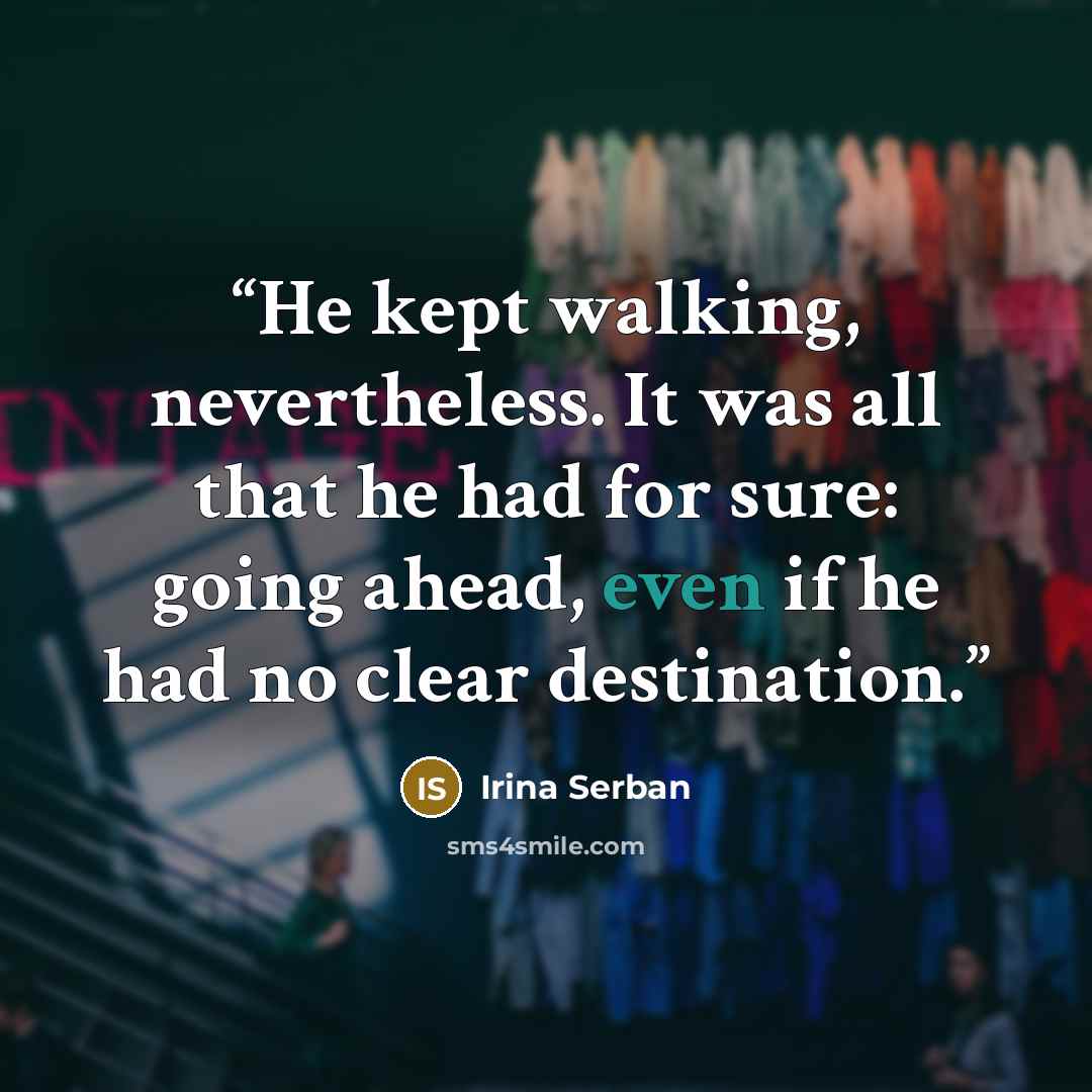 “He kept walking, nevertheless. It was all that he had for sure: going ahead, even if he had no clear destination.” quote by Irina Serban