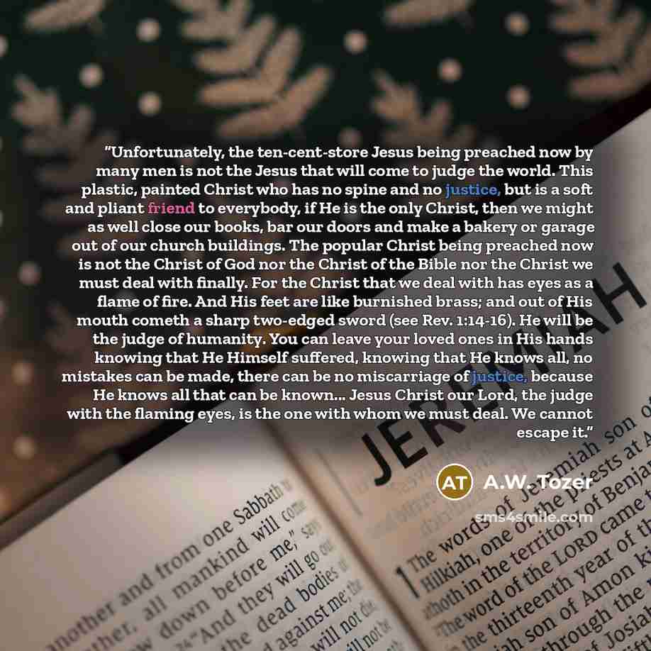 “Unfortunately, the ten-cent-store Jesus being preached now by many men is not the Jesus that will come to judge the world. This plastic, painted Christ who has no spine and no justice, but is a soft and pliant friend to everybody, if He is the only Christ, then we might as well close our books…” quote by A.W. Tozer