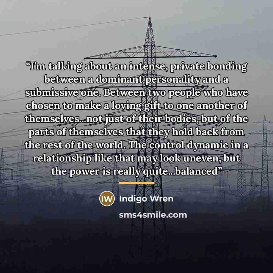 “I'm talking about an intense, private bonding between a dominant personality and a submissive one. Between two people who have chosen to make a loving gift to one another of themselves...not just of their bodies, but of the parts of themselves that they hold back from the rest of the world. The…” quote by Indigo Wren