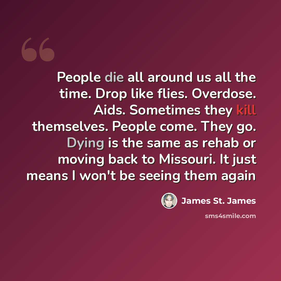 “People die all around us all the time. Drop like flies. Overdose. Aids. Sometimes they kill themselves. People come. They go. Dying is the same as rehab or moving back to Missouri. It just means I won't be seeing them again” quote by James St. James