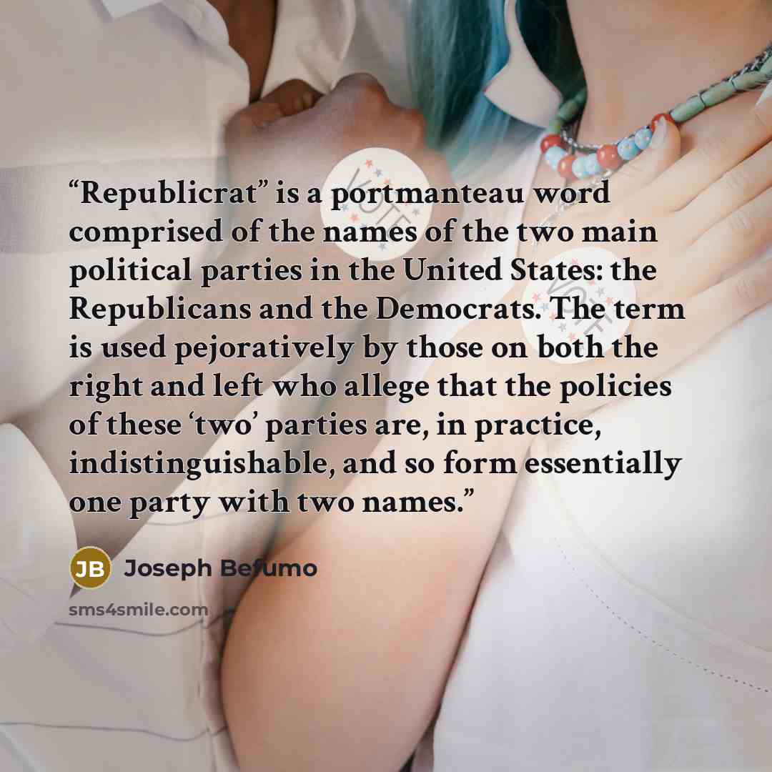 “Republicrat” is a portmanteau word comprised of the names of the two main political parties in the United States: the Republicans and the Democrats. The term is used pejoratively by those on both the right and left who allege that the policies of these ‘two’ parties are, in practice…” quote by Joseph Befumo